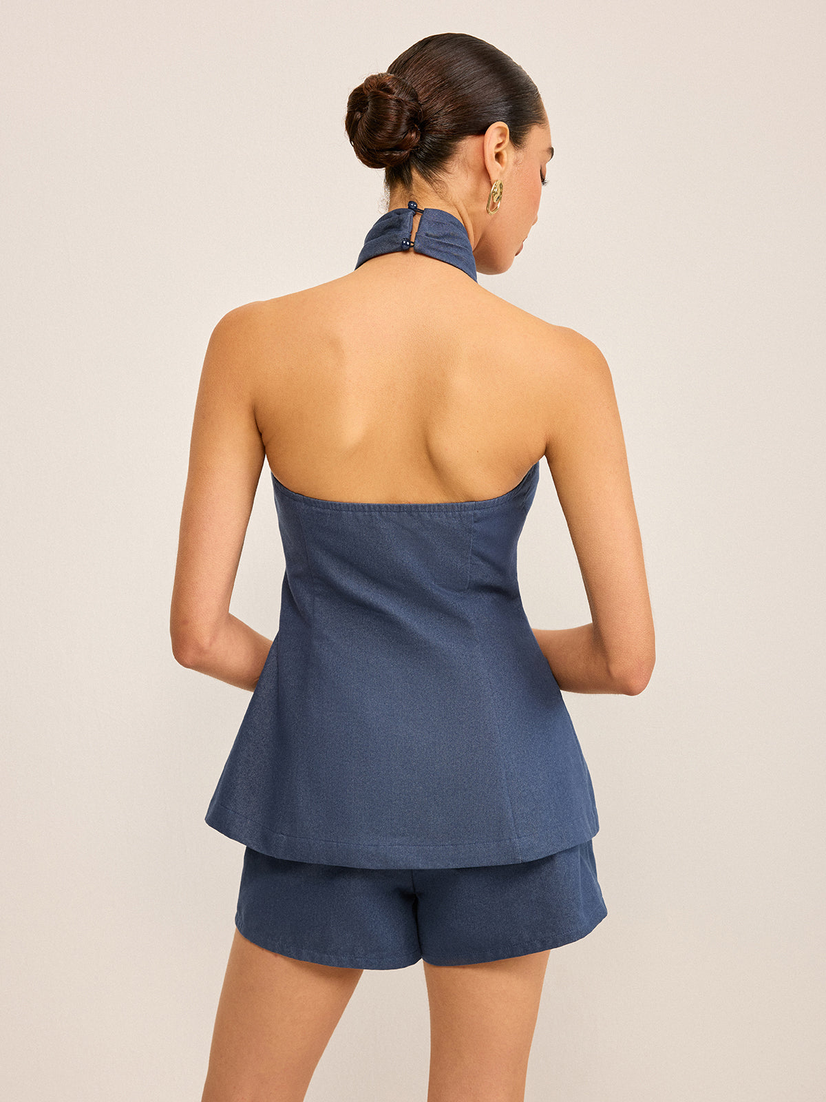 Metal Button Halter Neck Top with Shorts Set-Massicos