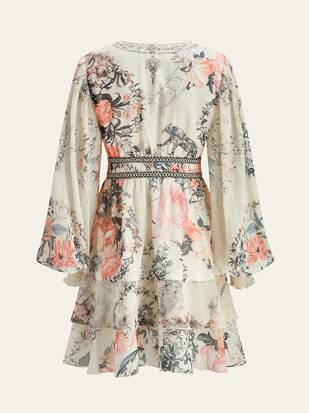 Semi-Sheer Floral Print Chiffon Tiered Dress-Massicos