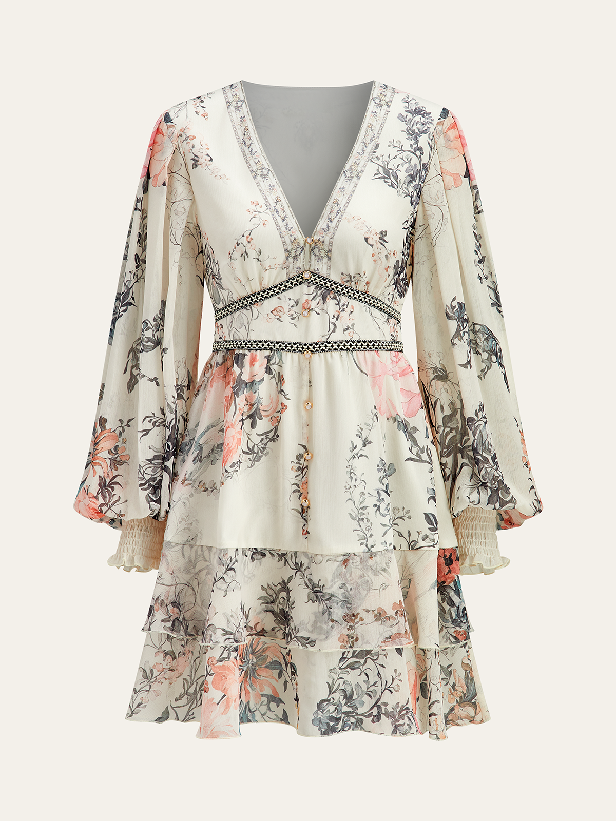 Semi-Sheer Floral Print Chiffon Tiered Dress-Massicos