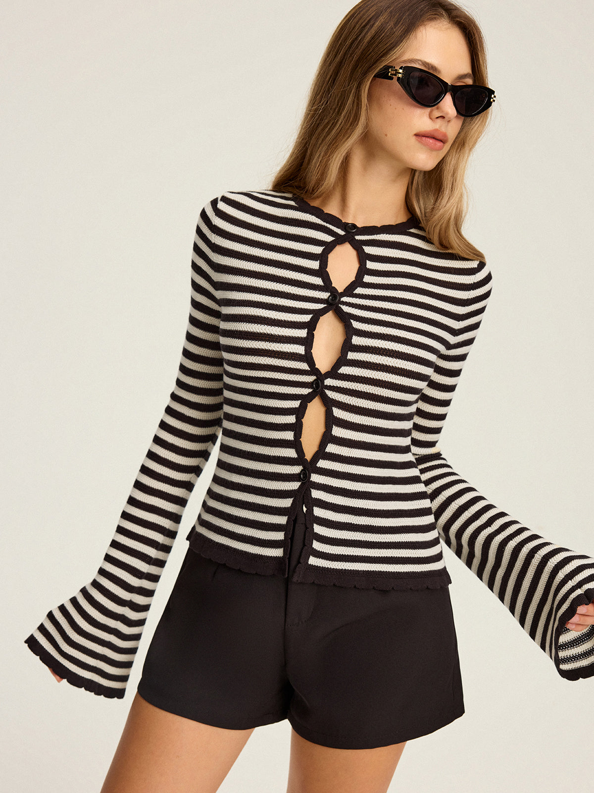 Striped Cut-Out Flare Sleeve Knit Top-Massicos