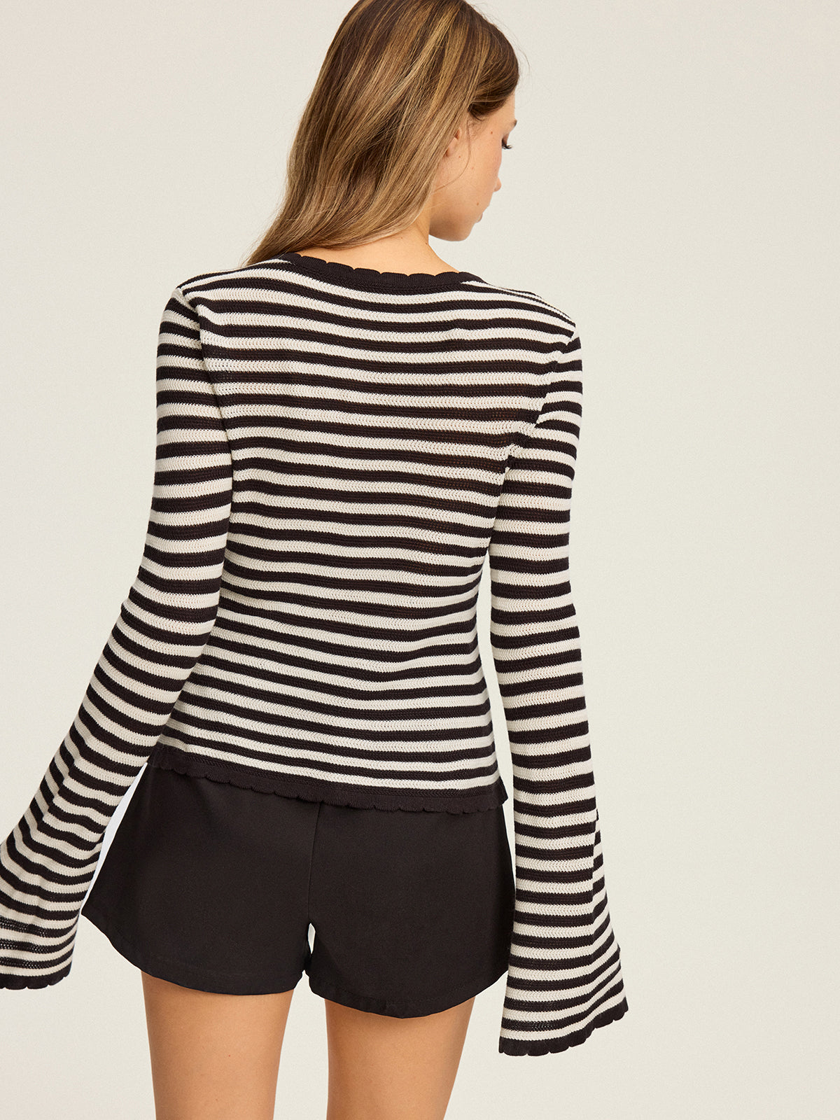 Striped Cut-Out Flare Sleeve Knit Top-Massicos