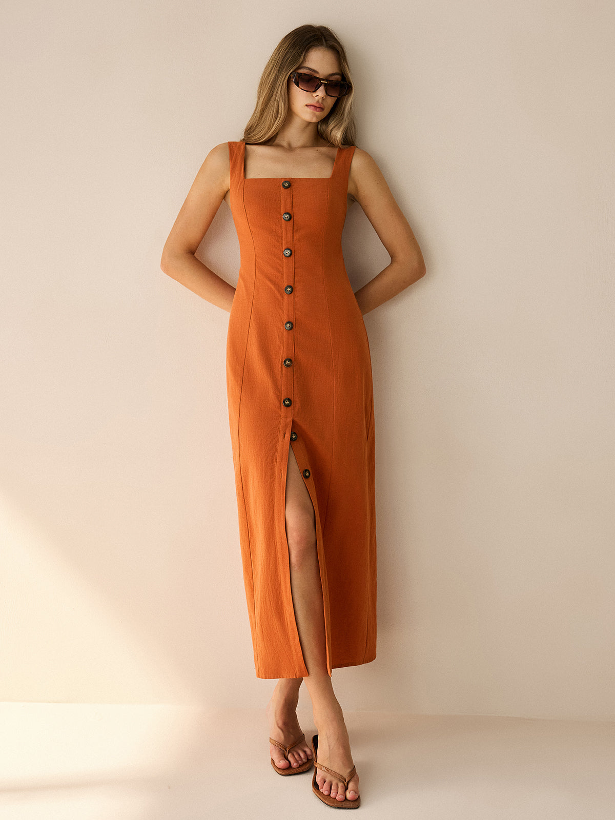 Square-Neck Button-Front Maxi Dress with Slit-Massicos