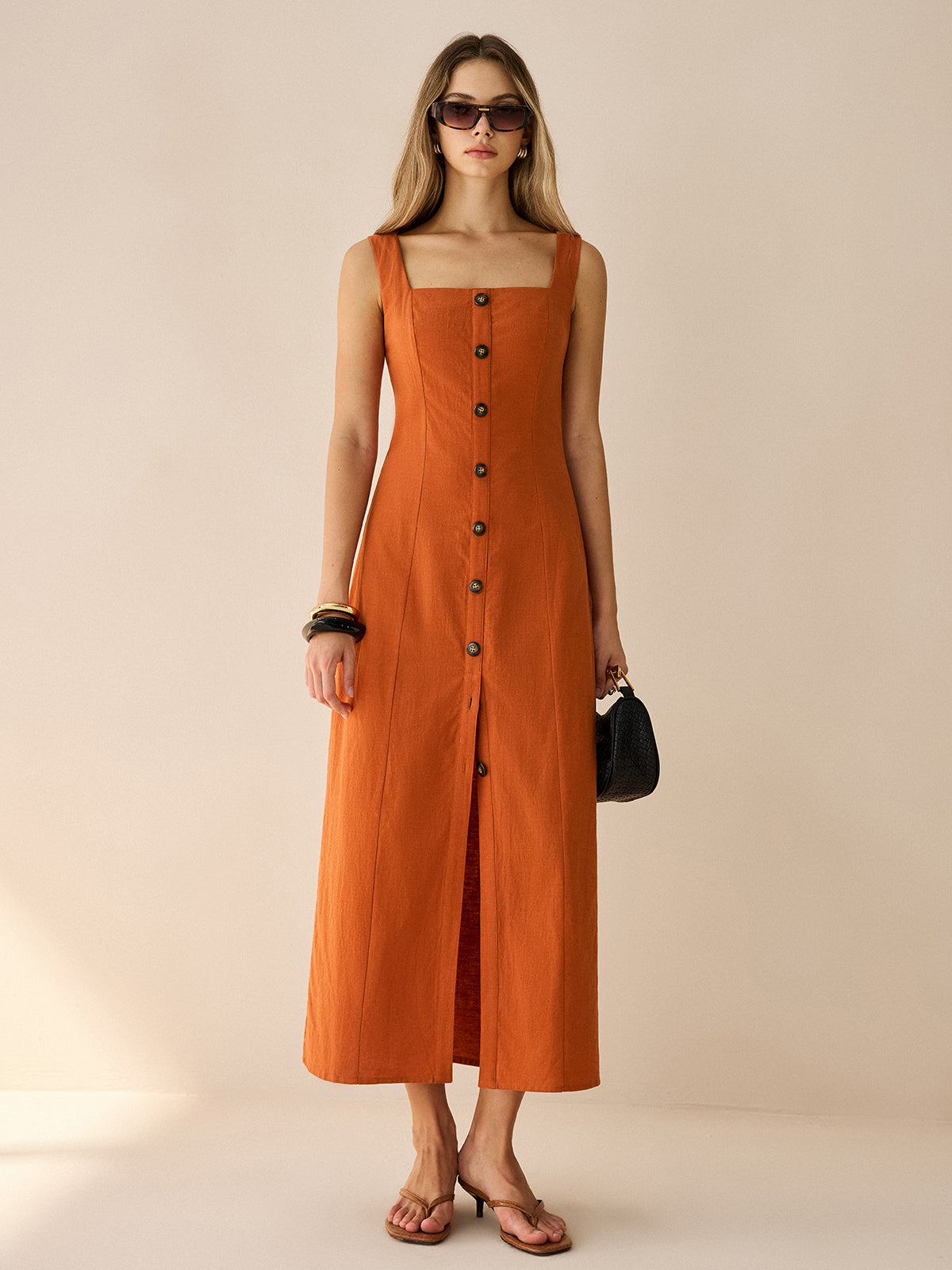Square-Neck Button-Front Maxi Dress with Slit-Massicos