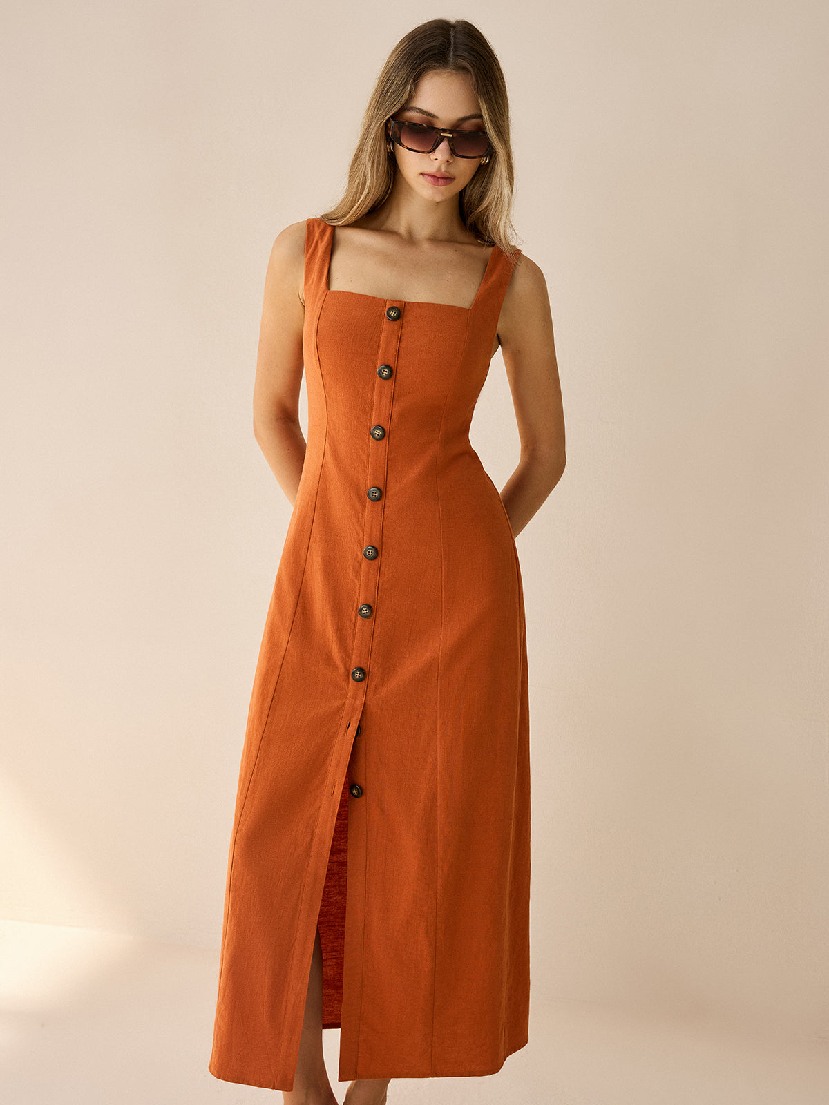 Square-Neck Button-Front Maxi Dress with Slit-Massicos