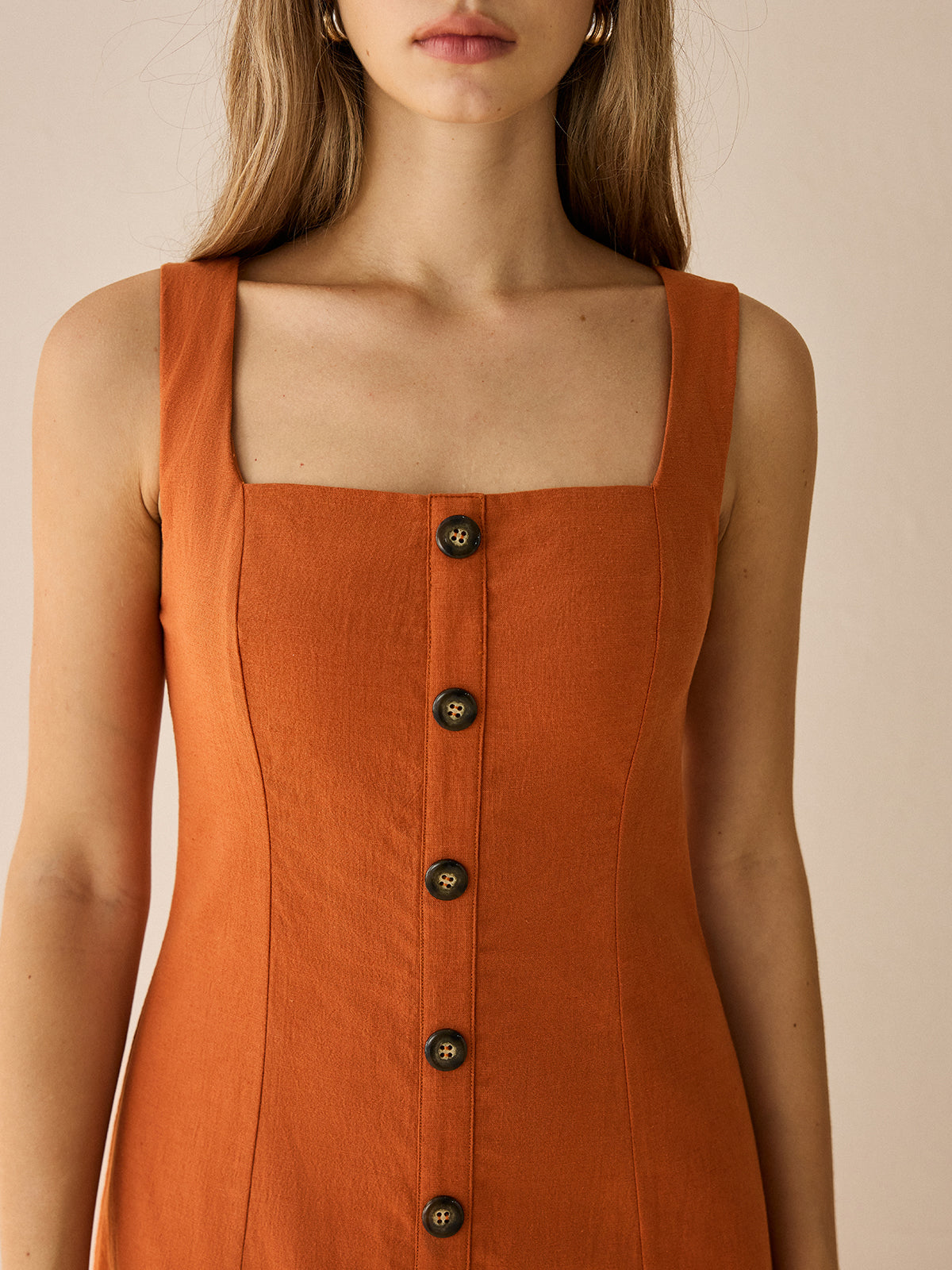 Square-Neck Button-Front Maxi Dress with Slit-Massicos