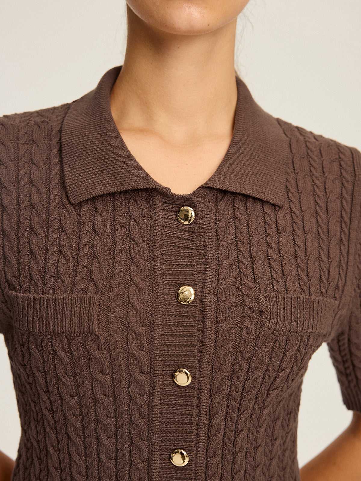 Cable Knit Short-Sleeve Button Top-Massicos