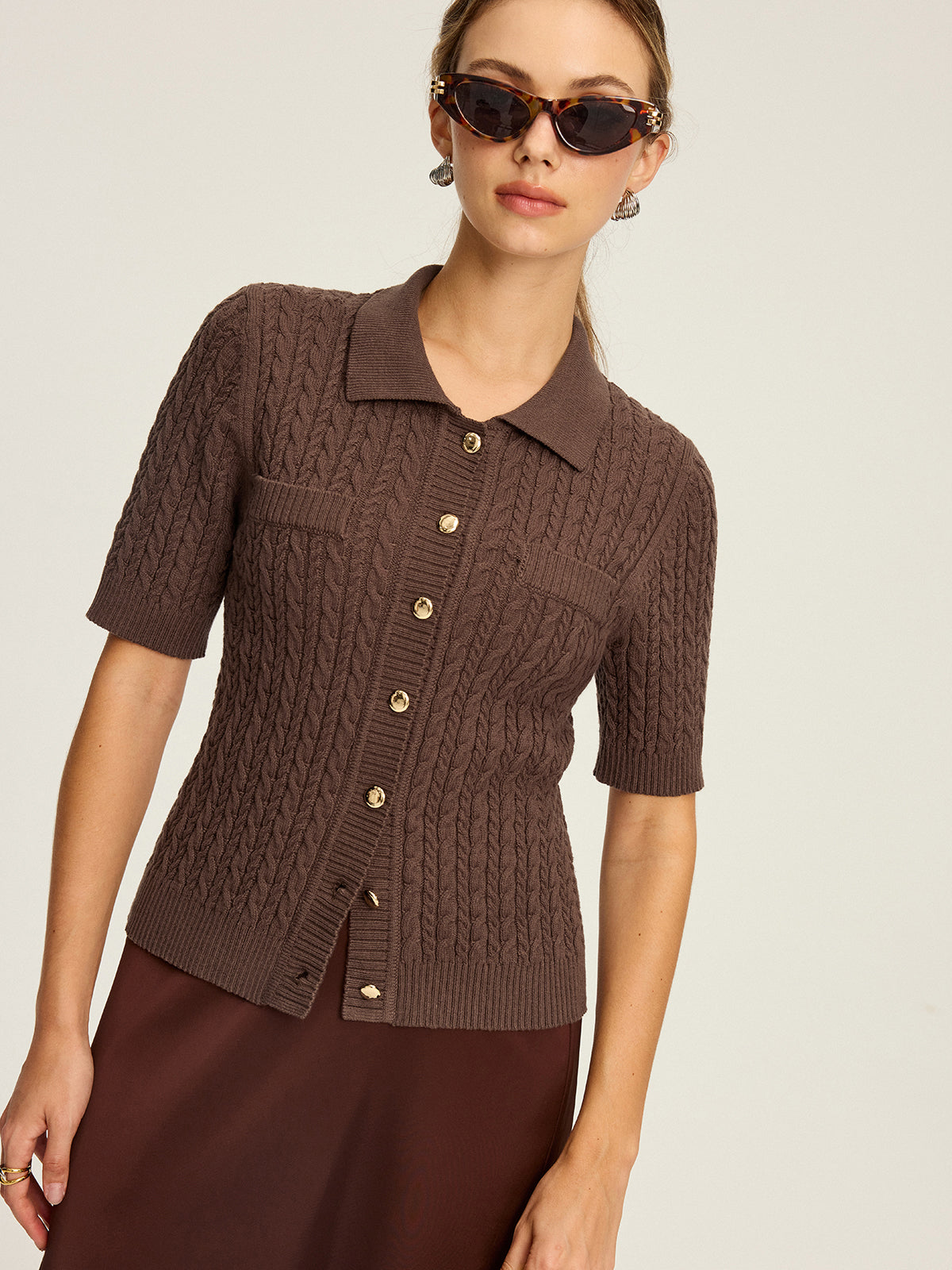 Cable Knit Short-Sleeve Button Top-Massicos