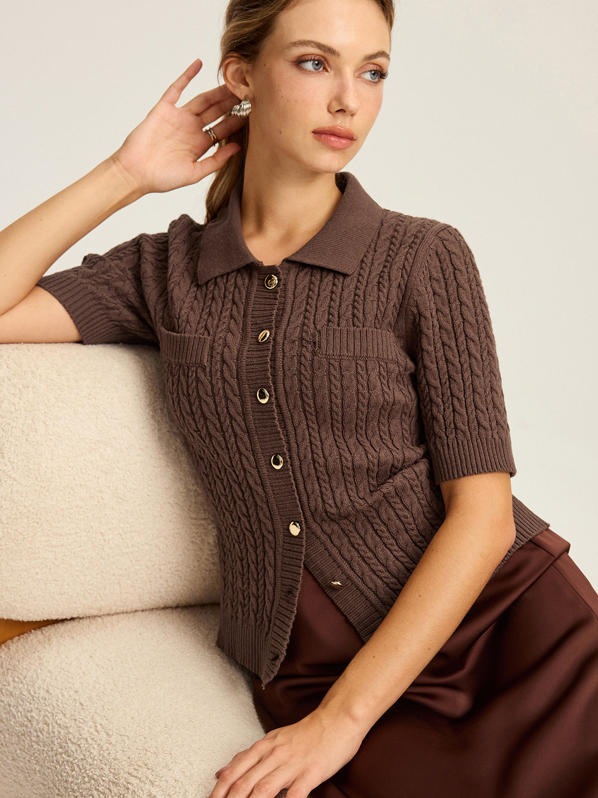 Cable Knit Short-Sleeve Button Top-Massicos