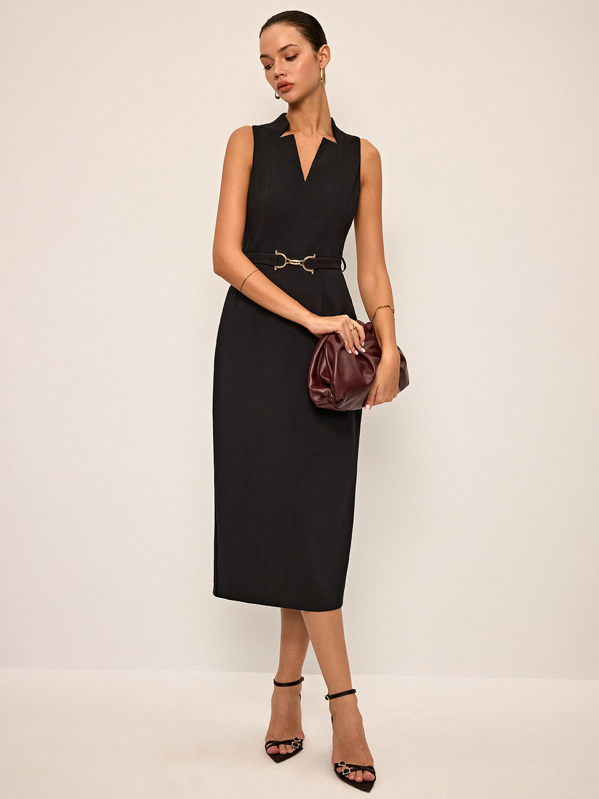 Sleeveless V-Neck Belted Midi Dress-Massicos