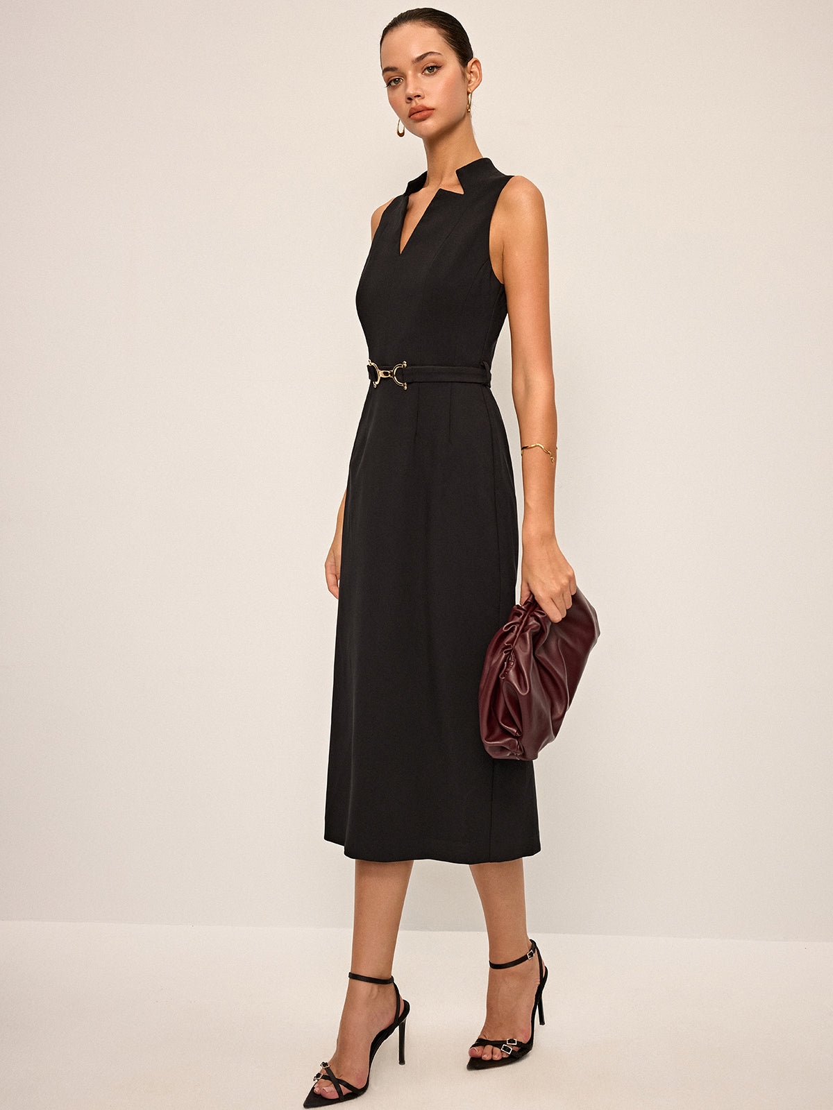 Sleeveless V-Neck Belted Midi Dress-Massicos