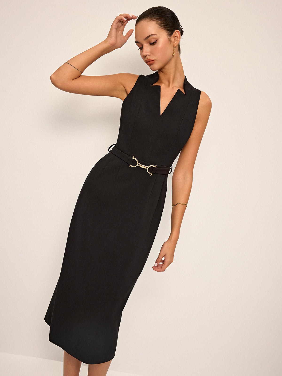 Sleeveless V-Neck Belted Midi Dress-Massicos
