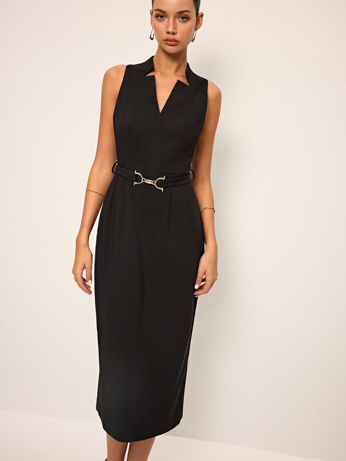 Sleeveless V-Neck Belted Midi Dress-Massicos