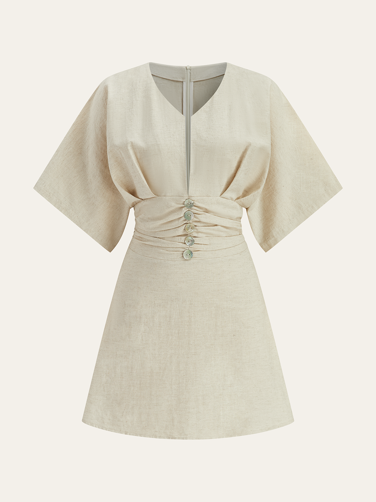 Cotton & Linen Ruched Button Detail Mini Dress-Massicos