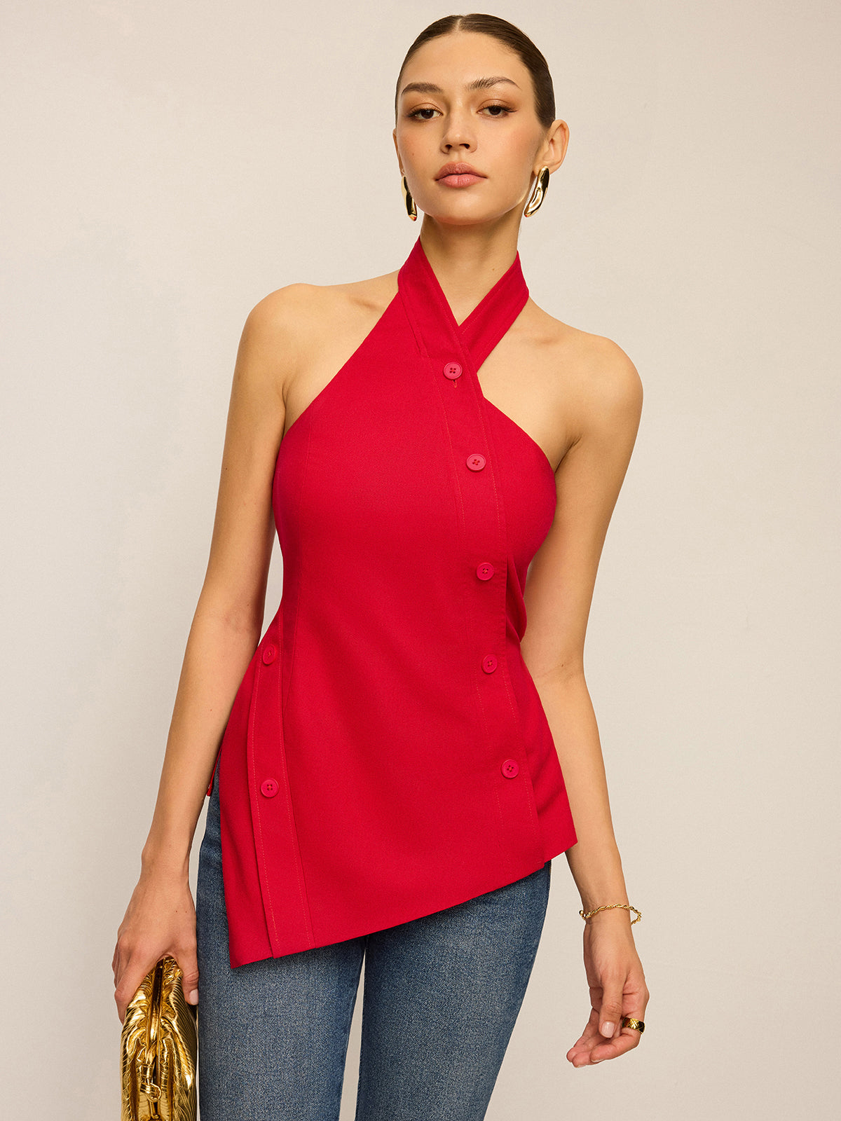 Asymmetric Halter Neck Button Top-Massicos