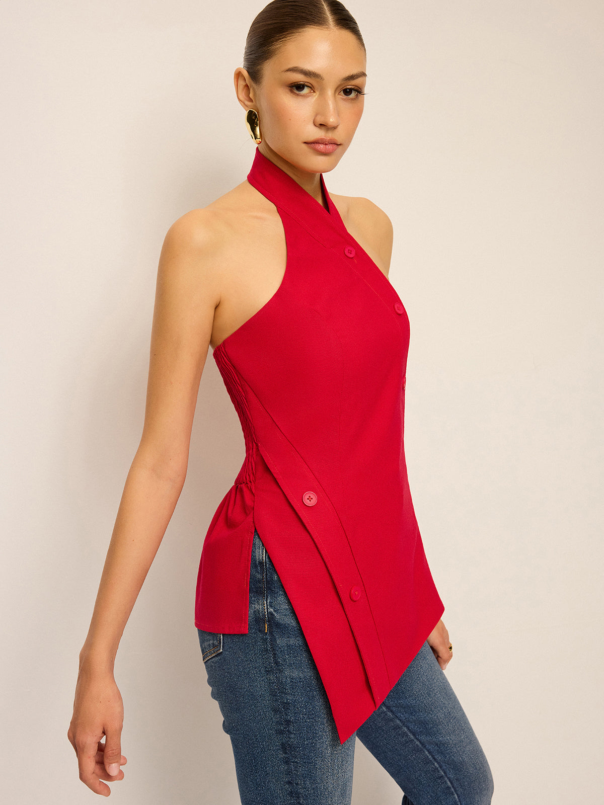 Asymmetric Halter Neck Button Top-Massicos