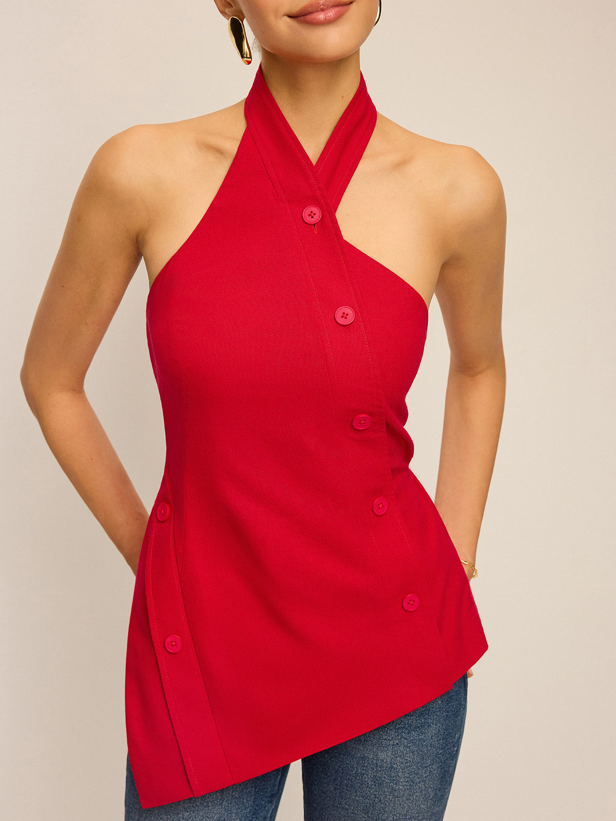 Asymmetric Halter Neck Button Top-Massicos