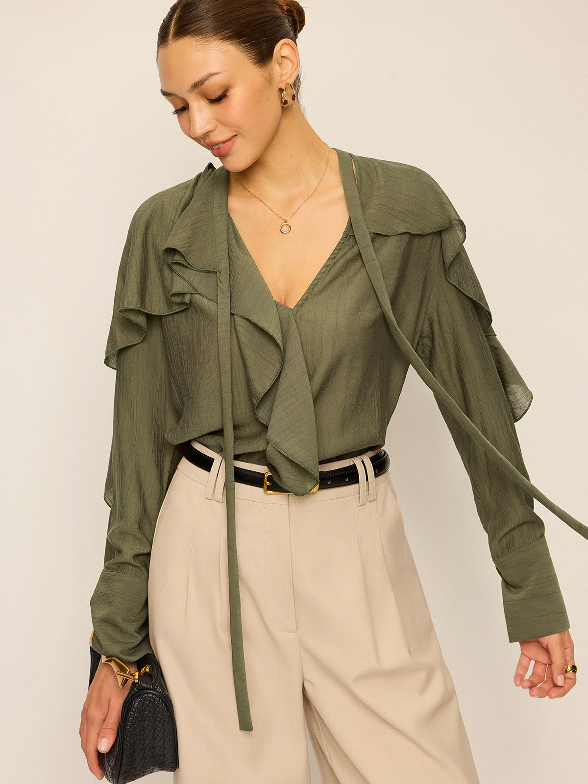 Neckline Tie Ruffled Blouse-Massicos