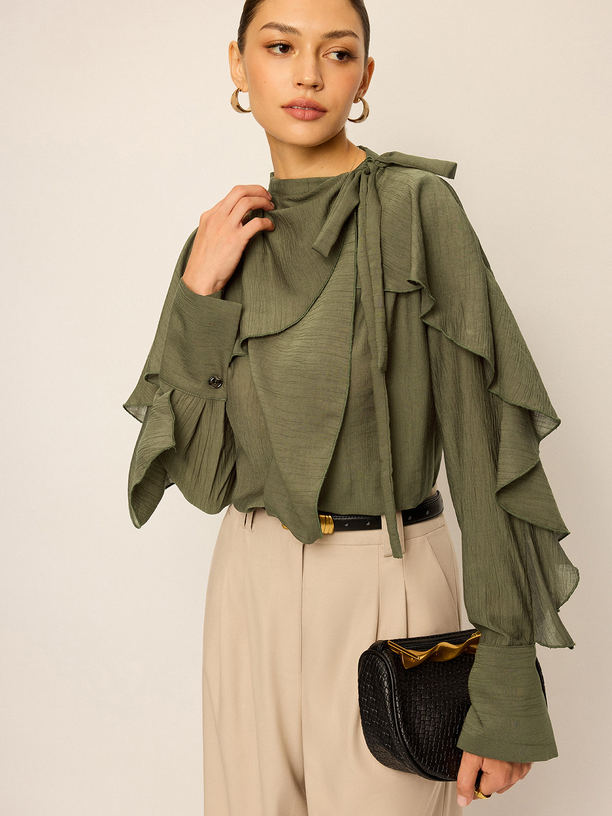 Neckline Tie Ruffled Blouse-Massicos