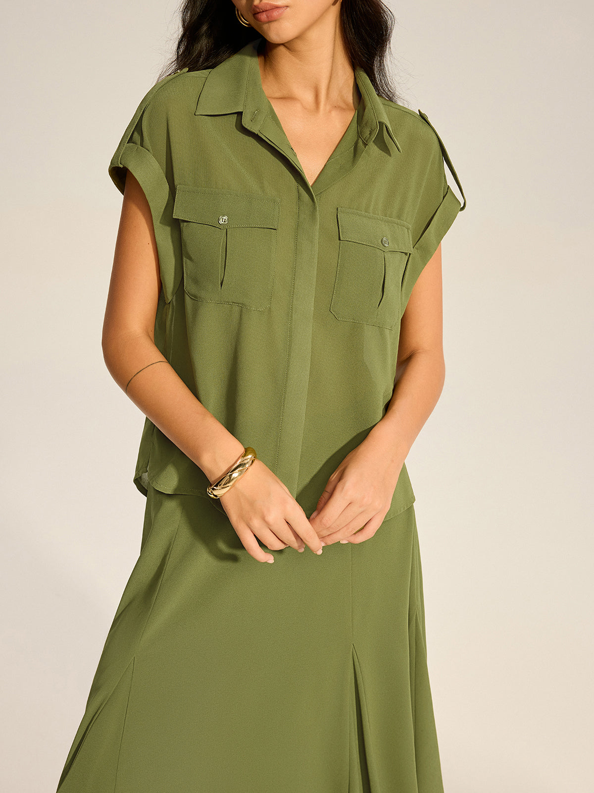 Rolled-Sleeve Pocketed Chiffon Shirt and Midi Skirt Set-Massicos