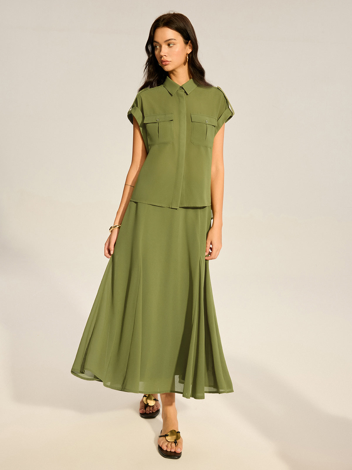Rolled-Sleeve Pocketed Chiffon Shirt and Midi Skirt Set-Massicos