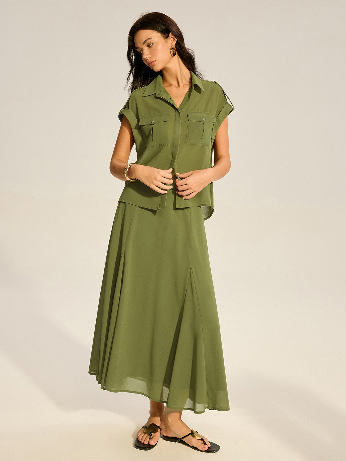 Rolled-Sleeve Pocketed Chiffon Shirt and Midi Skirt Set-Massicos