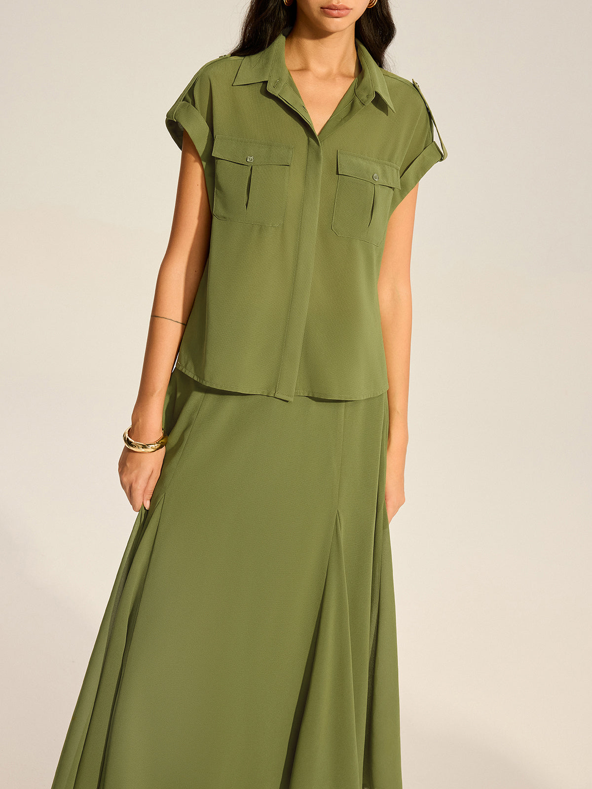 Rolled-Sleeve Pocketed Chiffon Shirt and Midi Skirt Set-Massicos