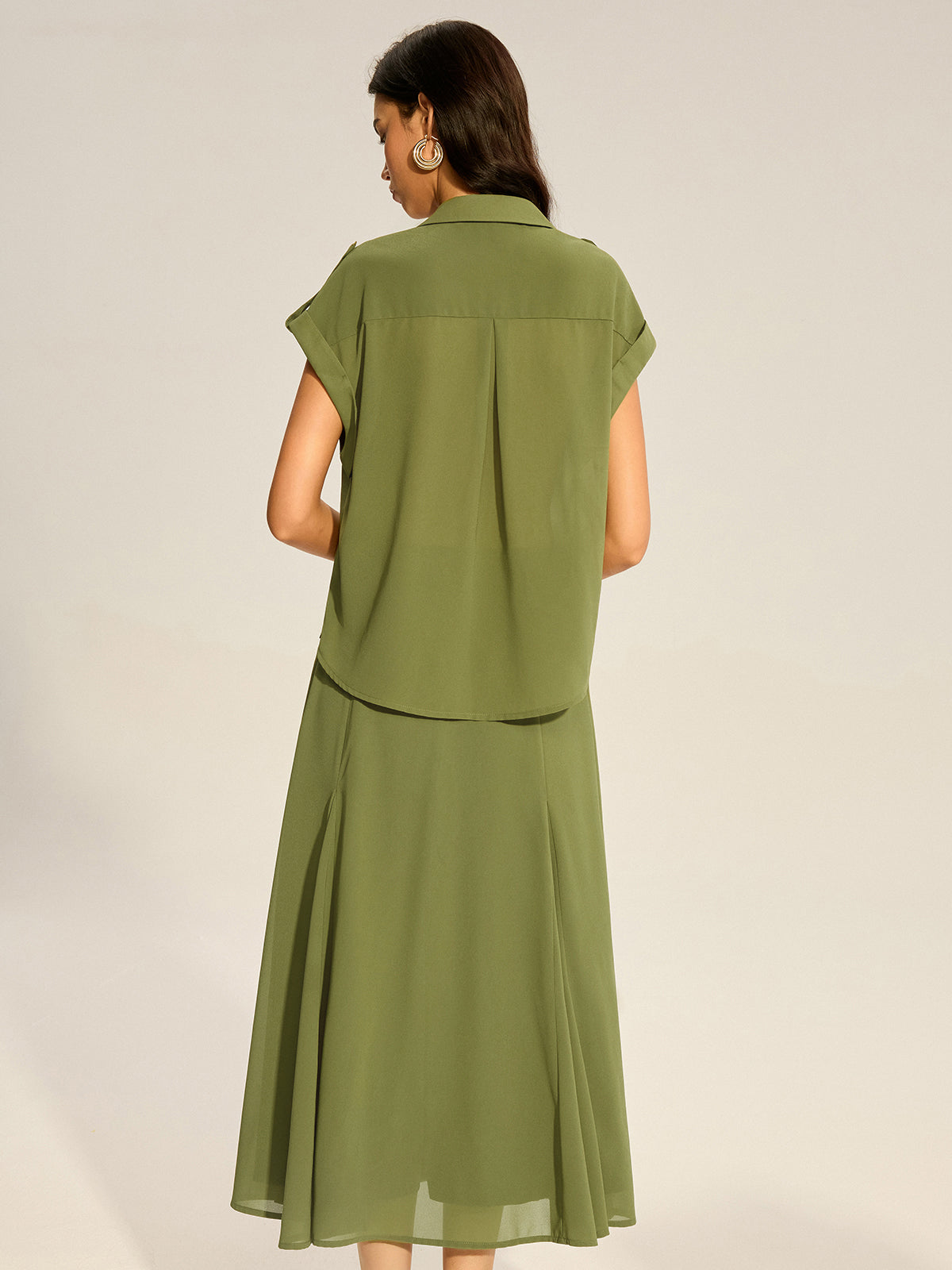 Rolled-Sleeve Pocketed Chiffon Shirt and Midi Skirt Set-Massicos