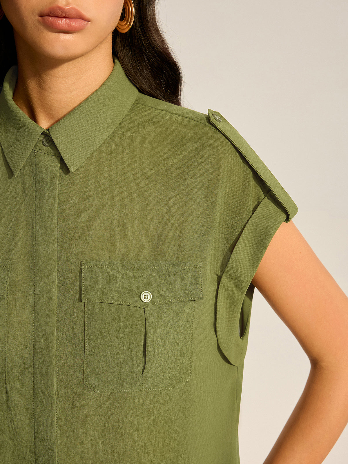 Rolled-Sleeve Pocketed Chiffon Shirt and Midi Skirt Set-Massicos