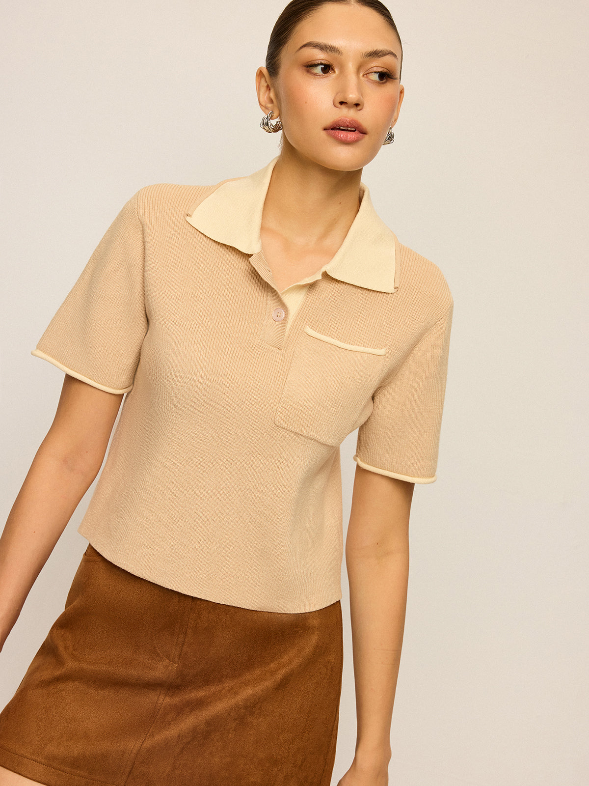 Contrast Collar Knit Polo Top-Massicos