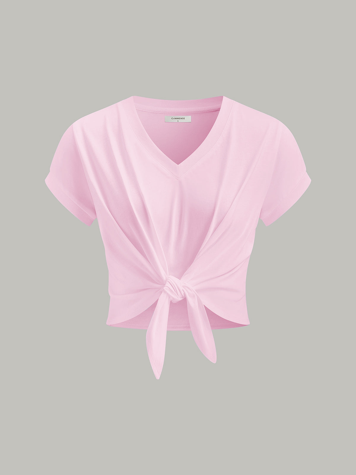 Knot Front V-Neck T-Shirt-Massicos