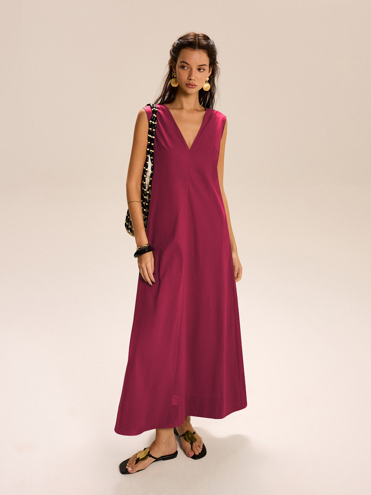 Linen & Cotton Pocketed V-Neck Maxi Dress-Massicos