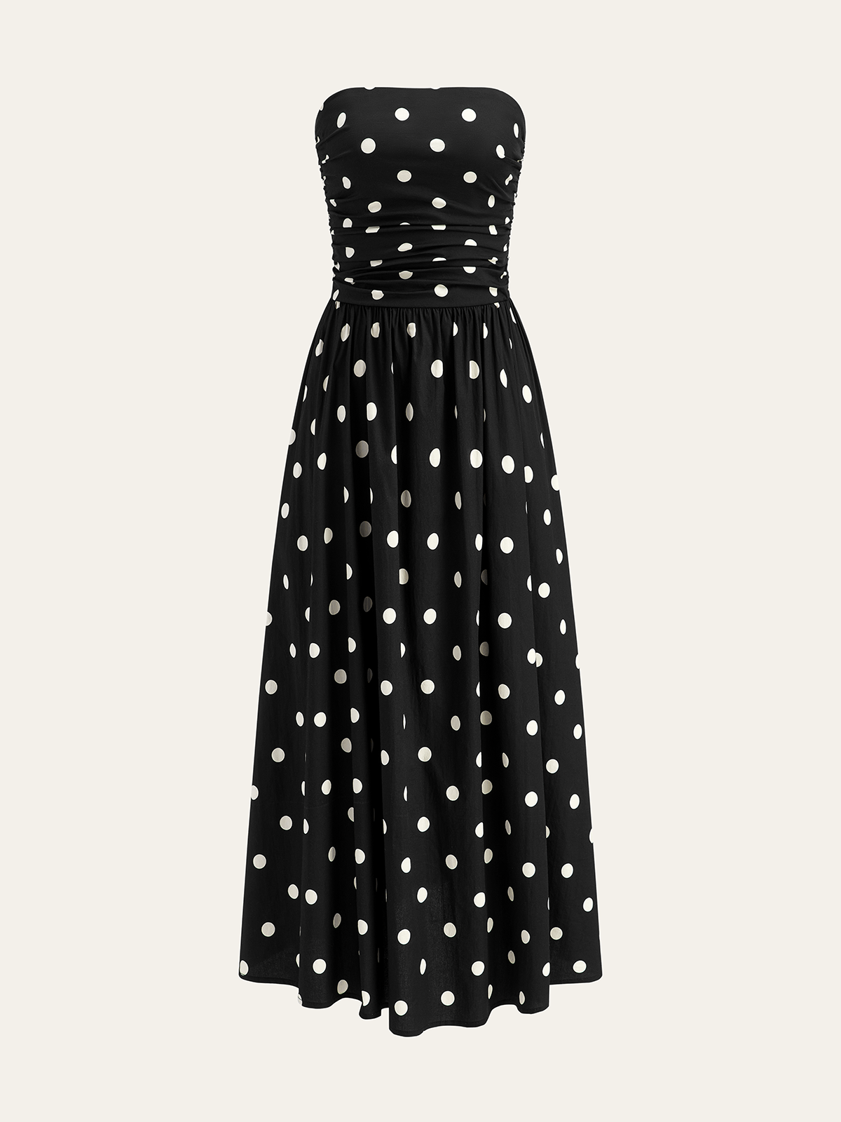 Strapless Polka Dot Ruched Midi Dress-Massicos