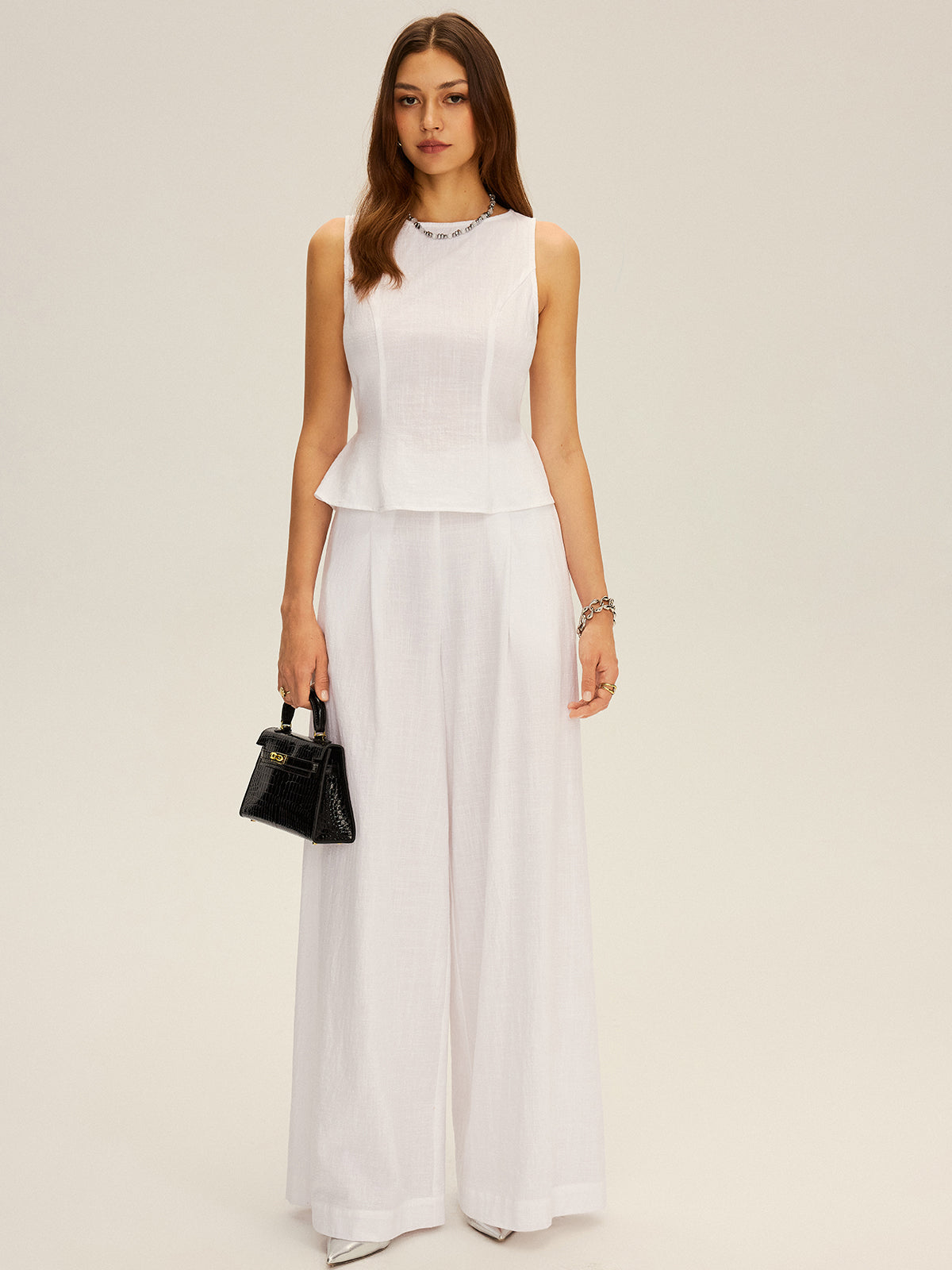 Cotton Peplum Top and Wide-Leg Pants Set-Massicos