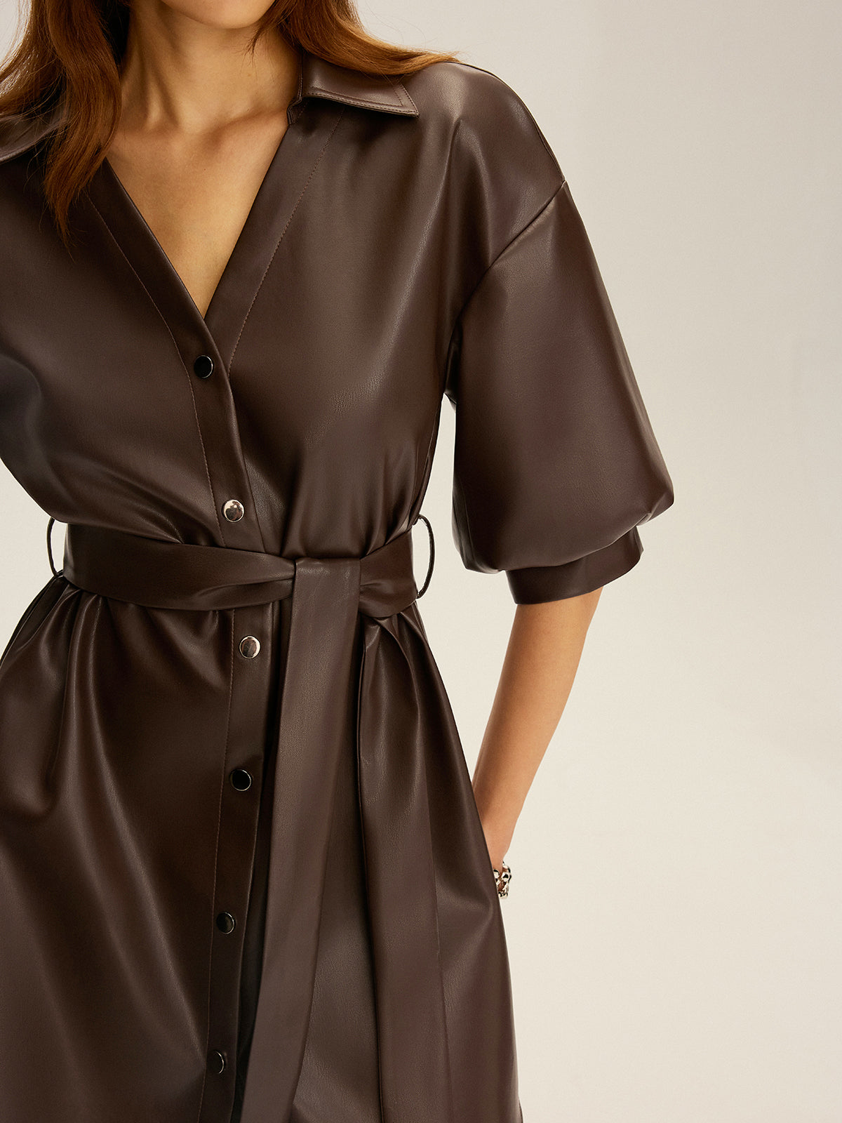 Faux Leather V-Neck Belted Mini Dress-Massicos
