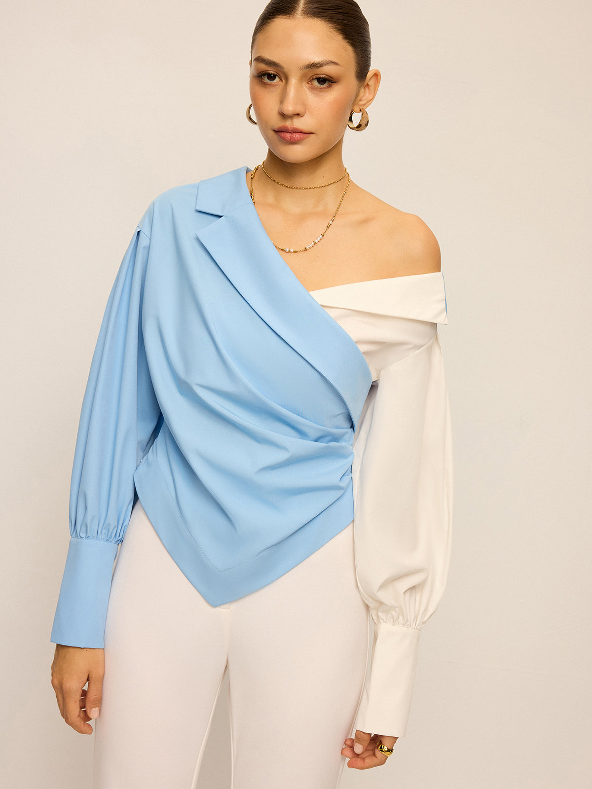 Two-Tone Asymmetric Off-Shoulder Shirt-Massicos
