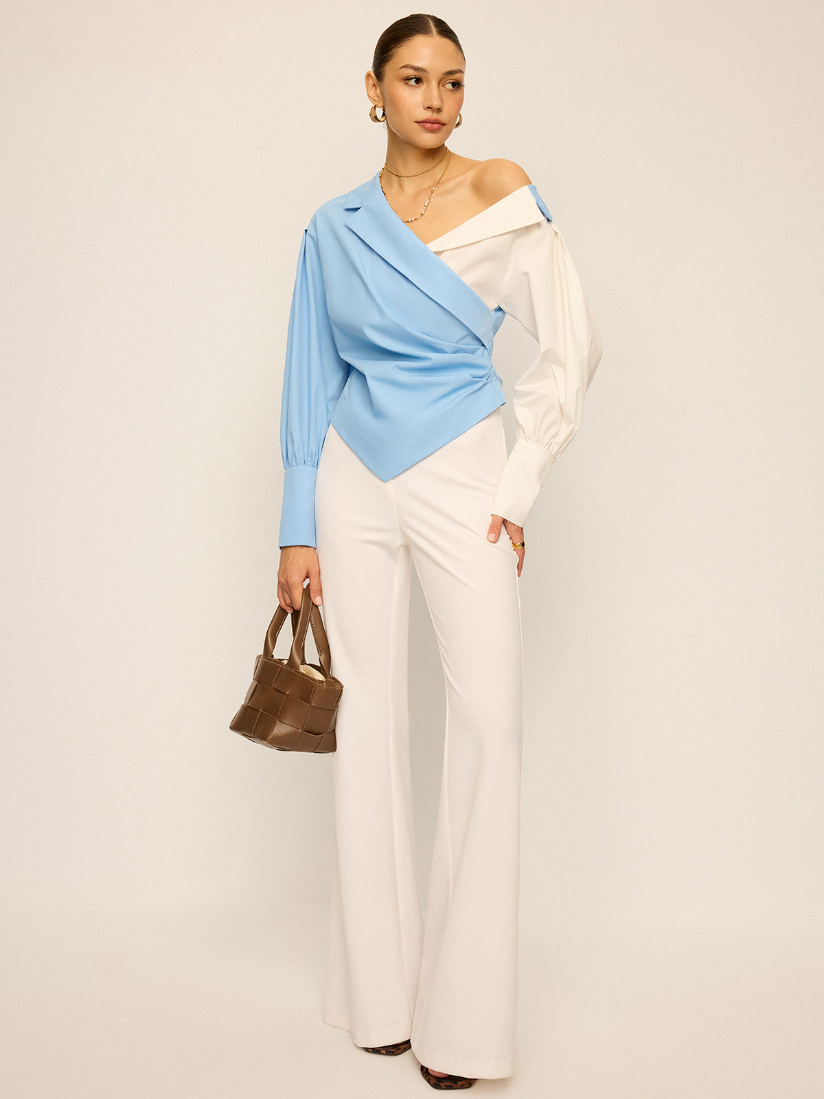 Two-Tone Asymmetric Off-Shoulder Shirt-Massicos