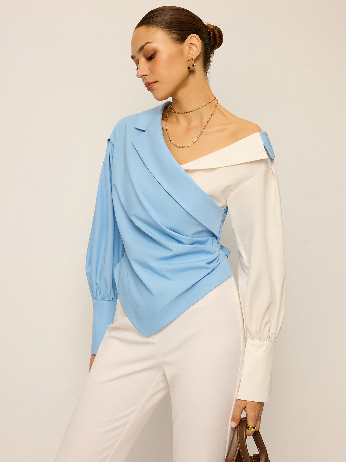 Two-Tone Asymmetric Off-Shoulder Shirt-Massicos