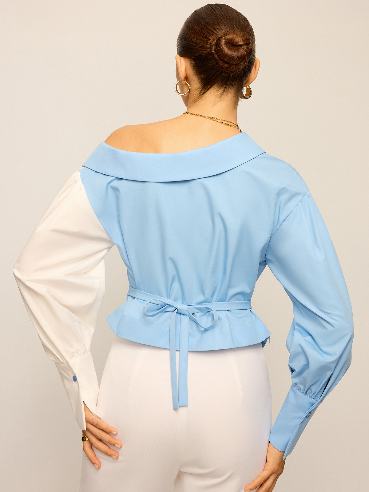 Two-Tone Asymmetric Off-Shoulder Shirt-Massicos