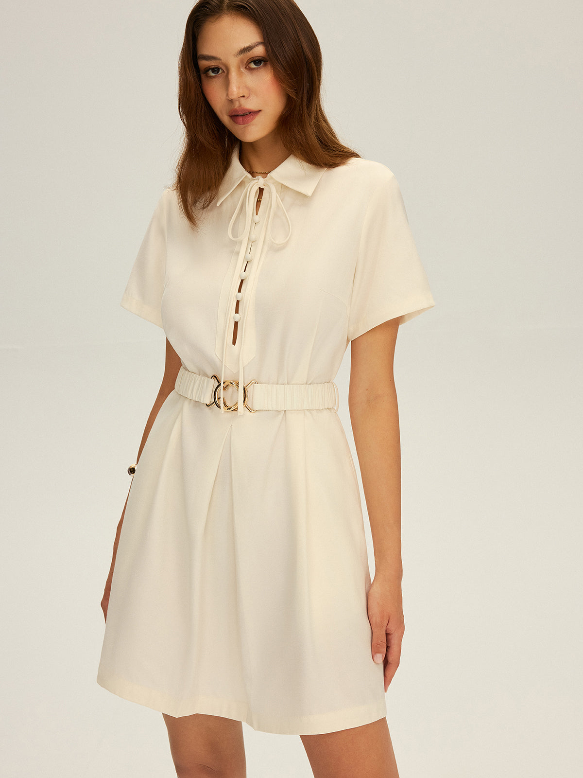 Tie-Neck Shirt Dress with Belt-Massicos