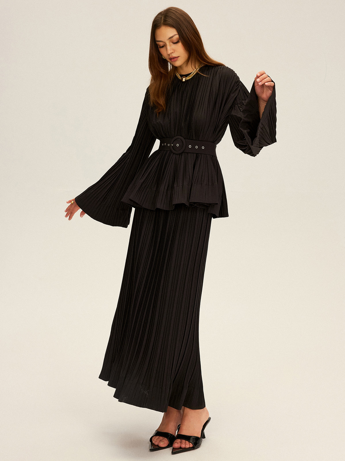 Pleated Elastic Waist Maxi Skirt-Massicos