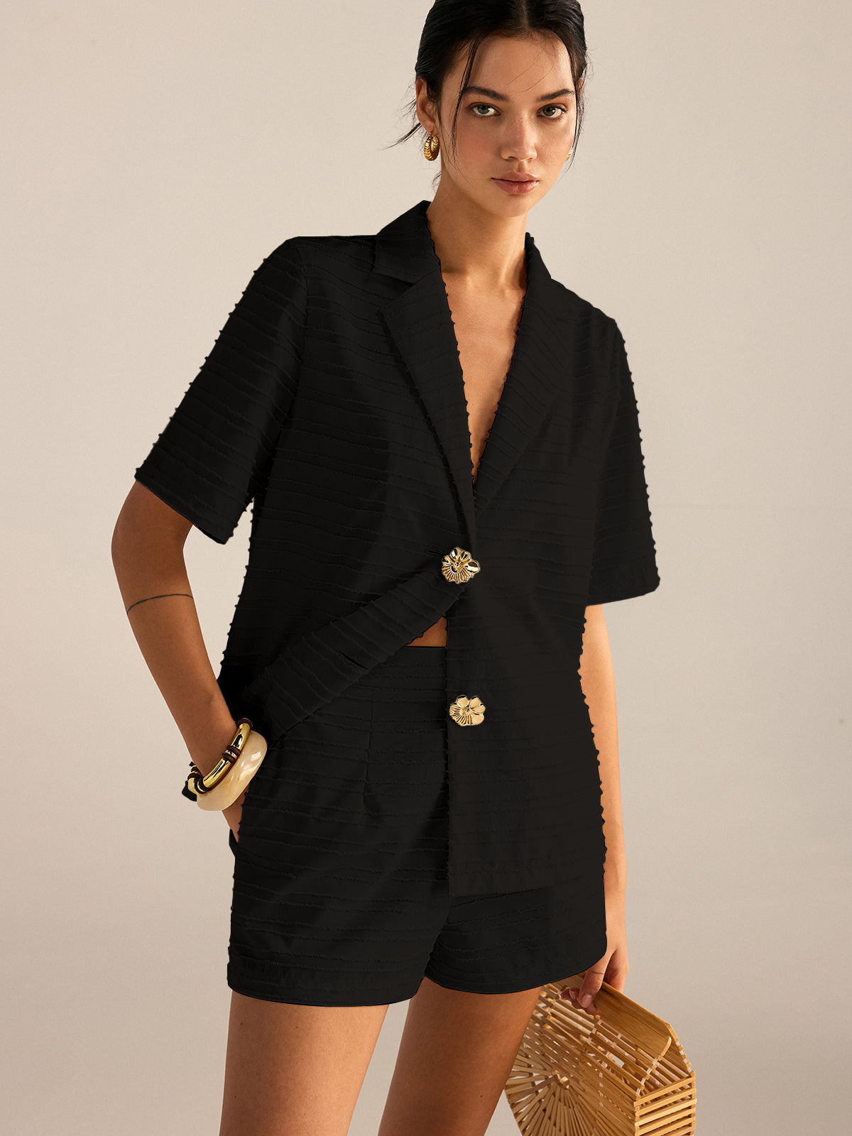 Textured Short-Sleeve Blazer and Shorts Set-Massicos