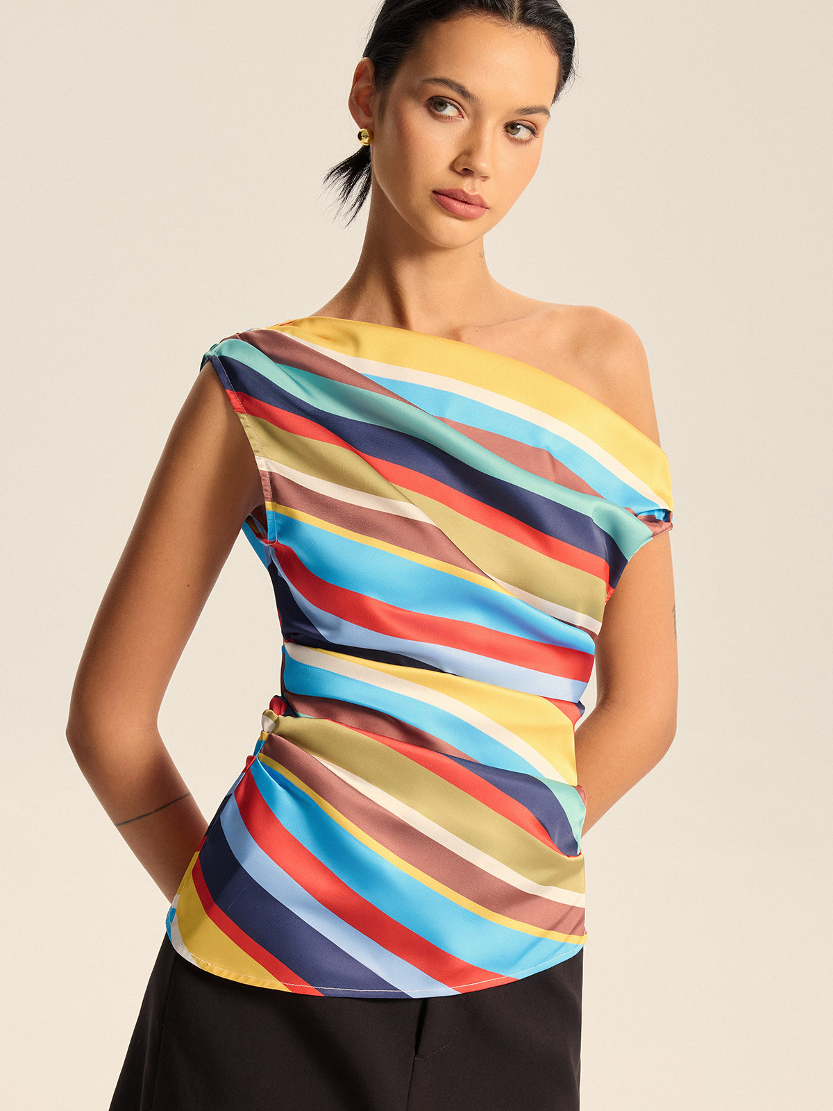 Colorful Striped One-Shoulder Top-Massicos