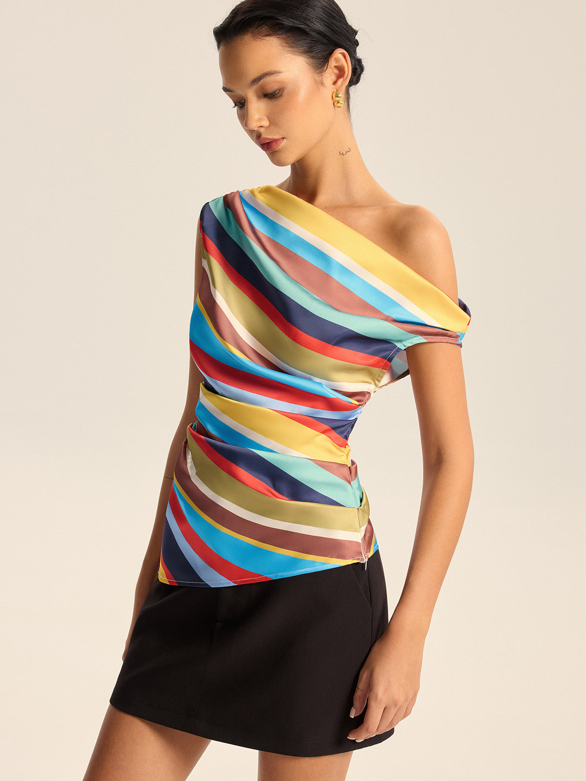 Colorful Striped One-Shoulder Top-Massicos
