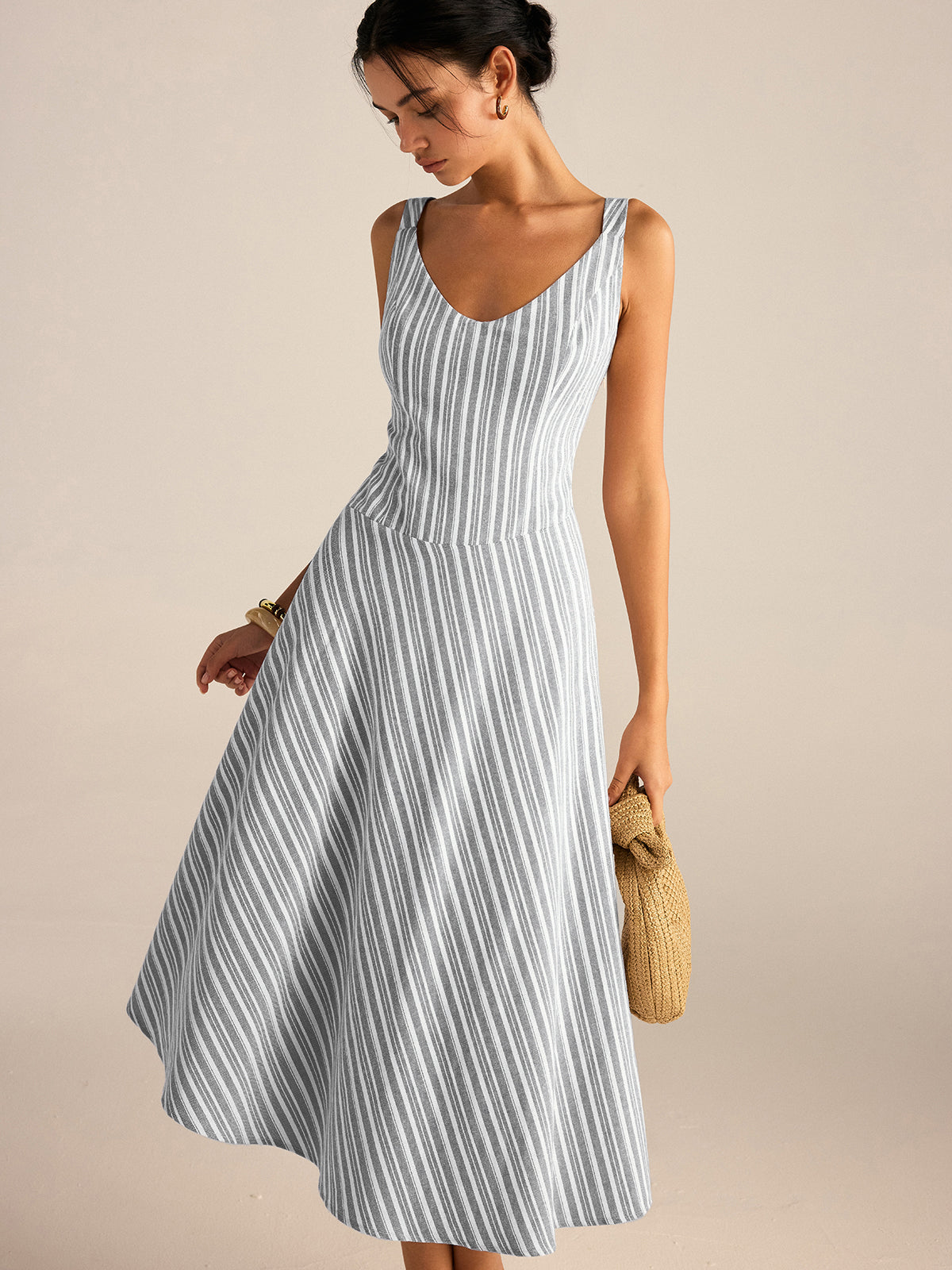 Striped Asymmetriccal Hem Midi Dress-Massicos