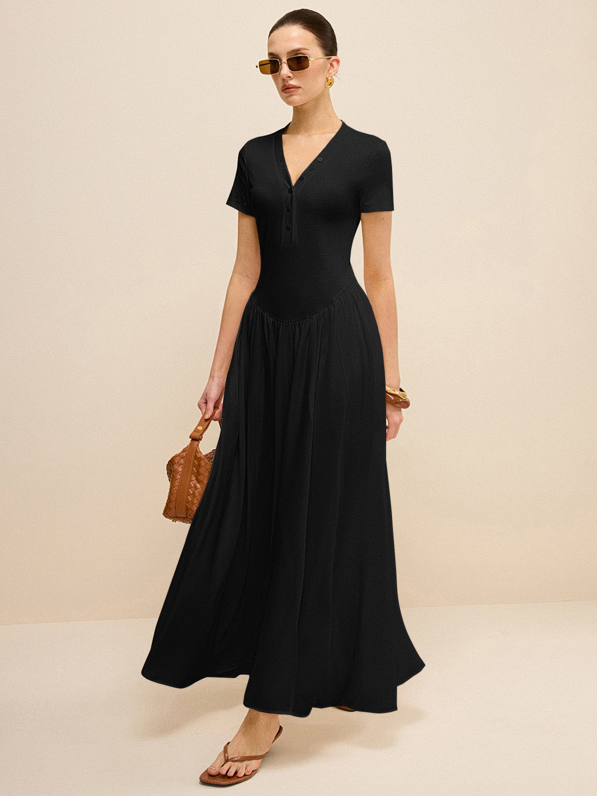 Button-Placket V-Neck Maxi Dress-Massicos