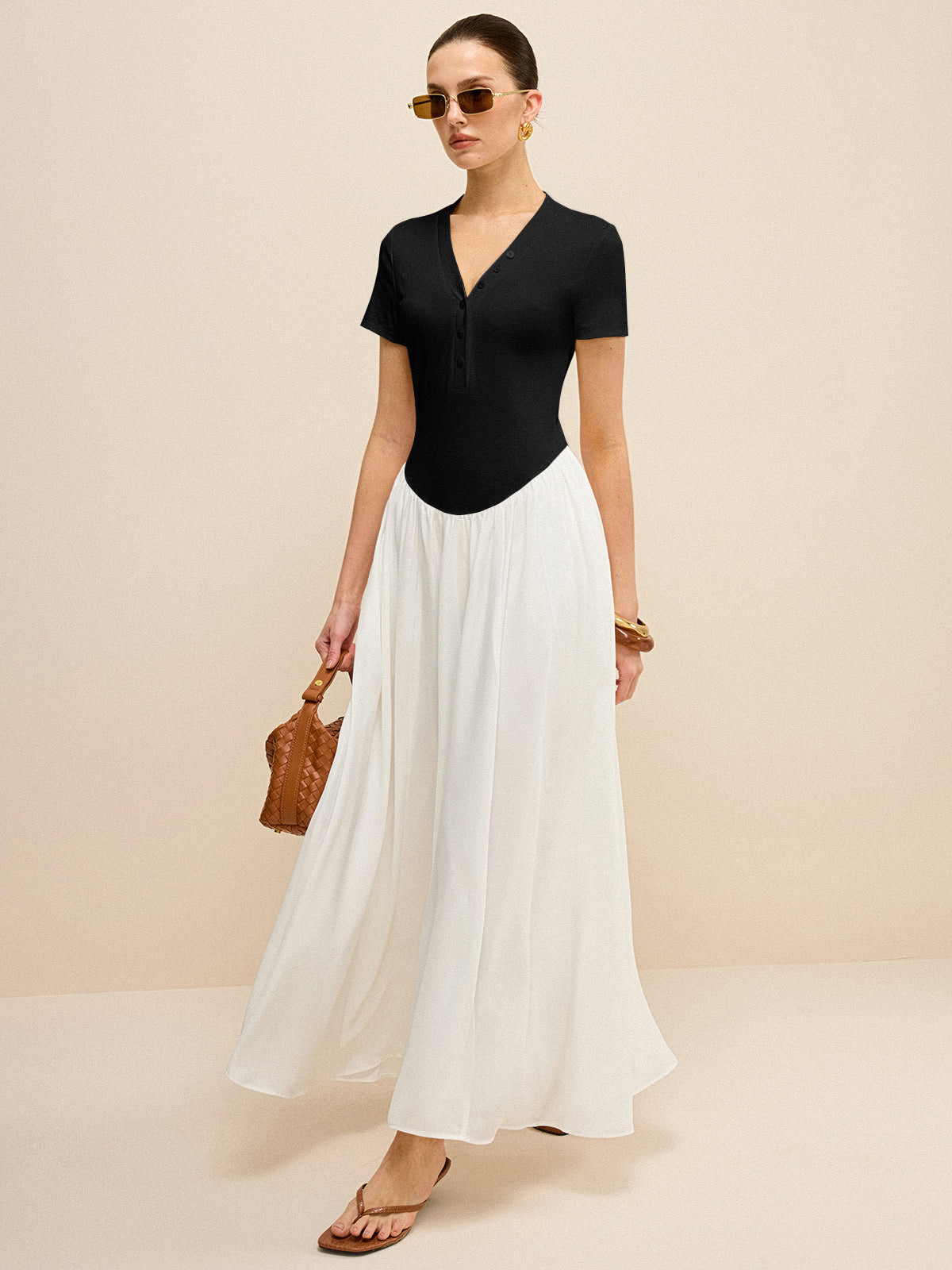 Button-Placket V-Neck Maxi Dress-Massicos