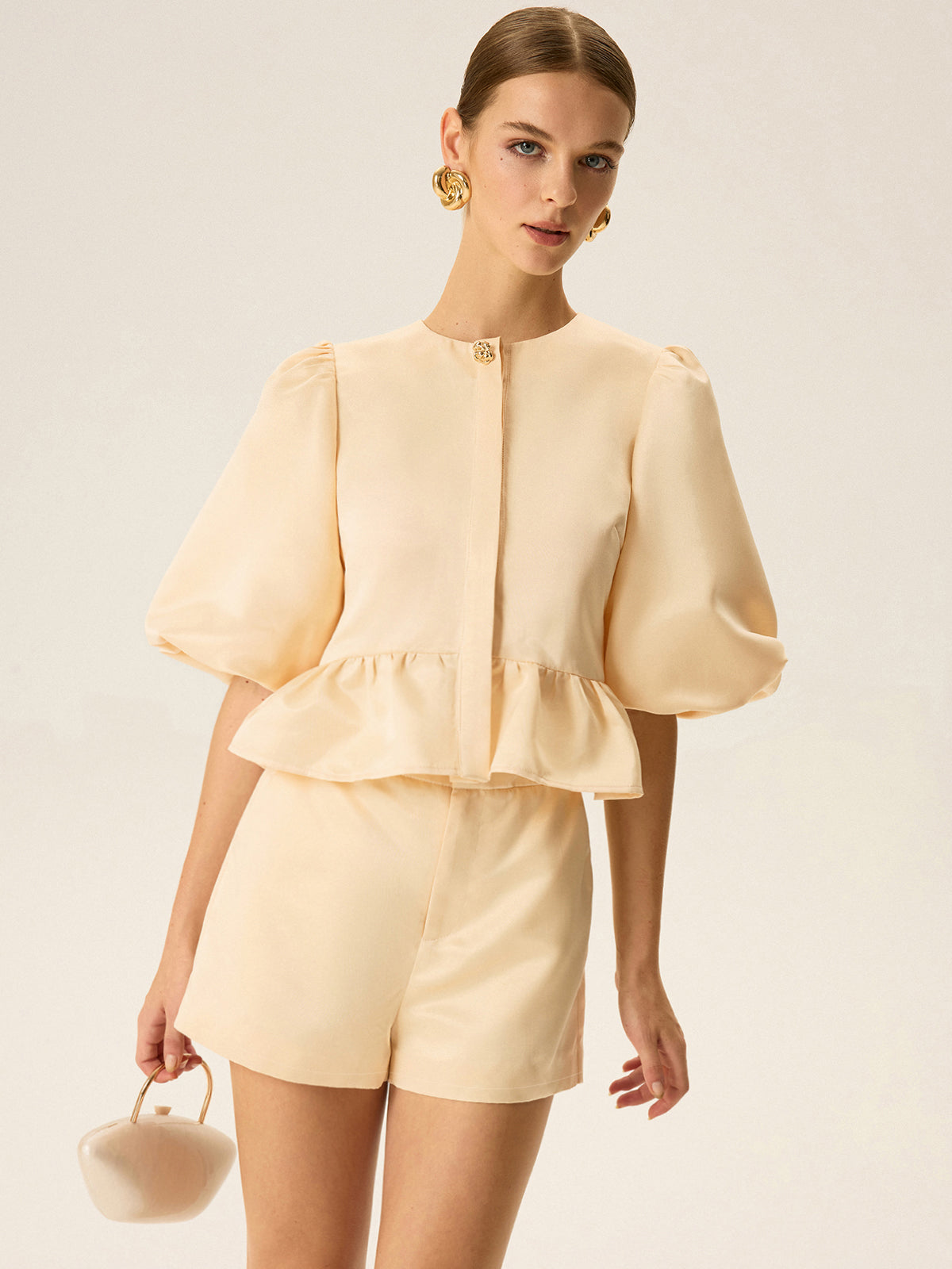 Puff Sleeve Peplum Top and Shorts Set-Massicos