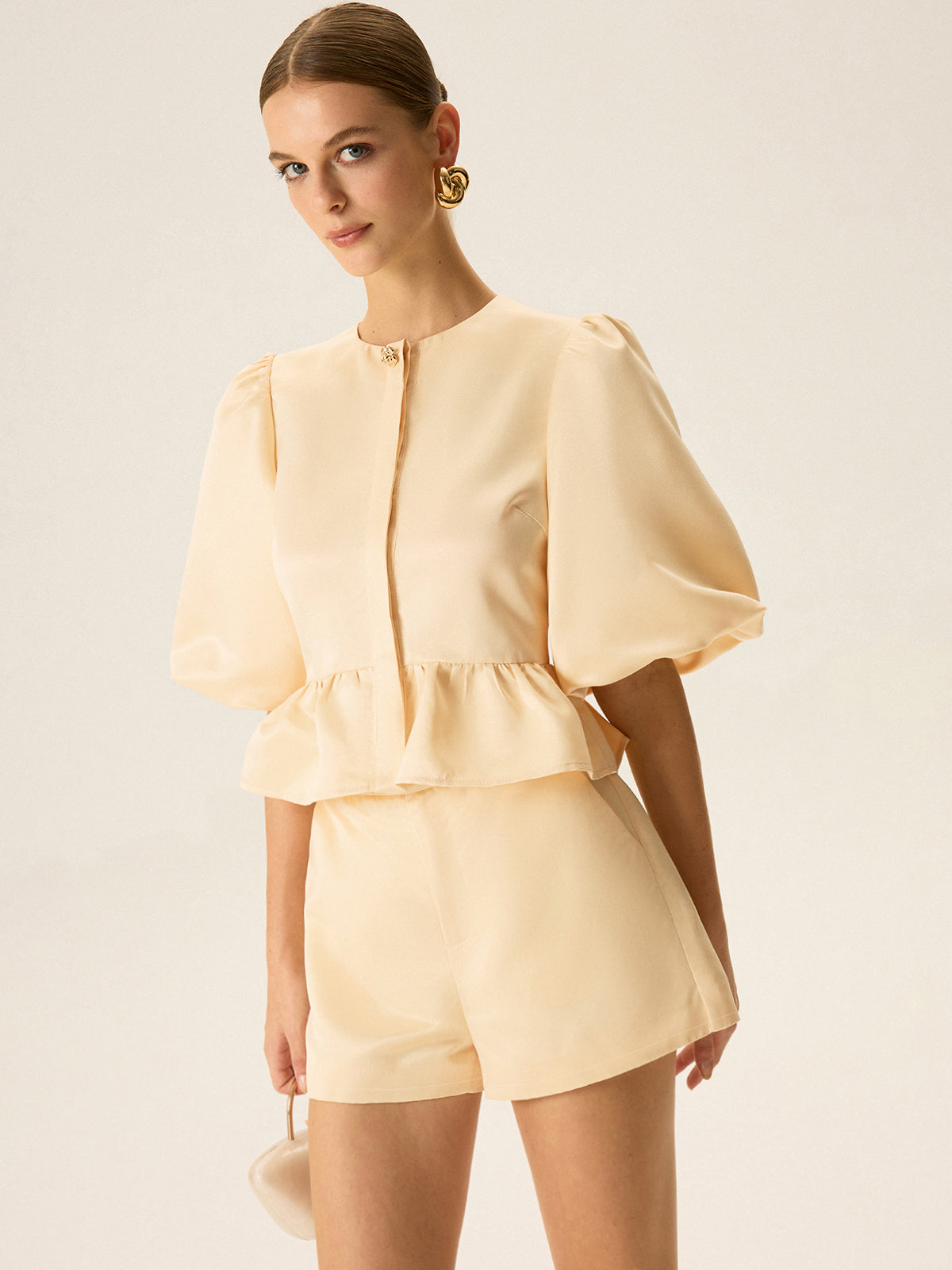Puff Sleeve Peplum Top and Shorts Set-Massicos