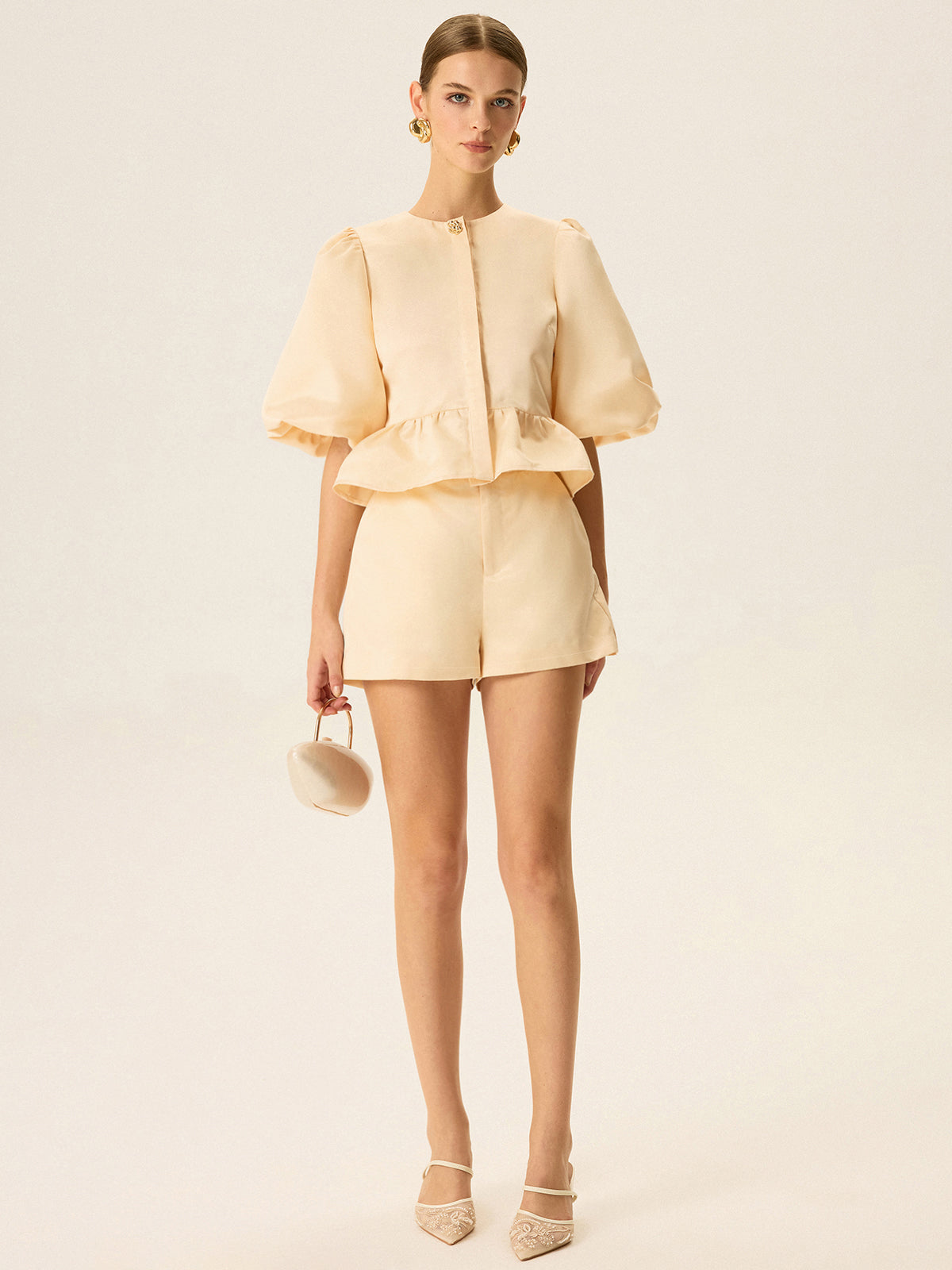 Puff Sleeve Peplum Top and Shorts Set-Massicos
