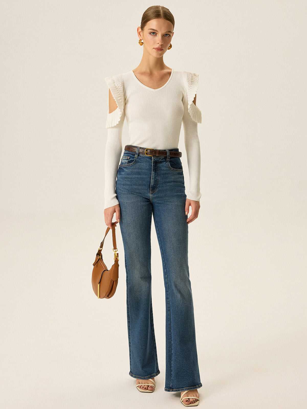 Cold Shoulder Ruffle V-Neck Knit Top-Massicos